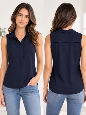 Ann Taylor Navy Sleeveless Collared Blouse
